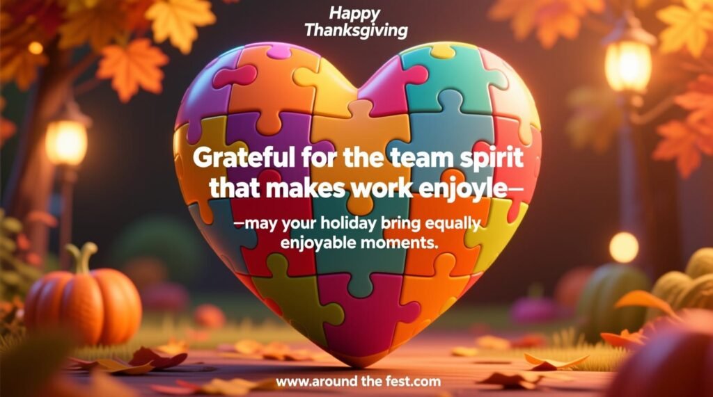 Happy Thanksgiving Wishes and Images Colorful puzzle pieces forming a heart, glowing lights, overlay text: ‘Grateful for the team spirit that makes work enjoyable—may your holiday bring equally enjoyable moments.’”