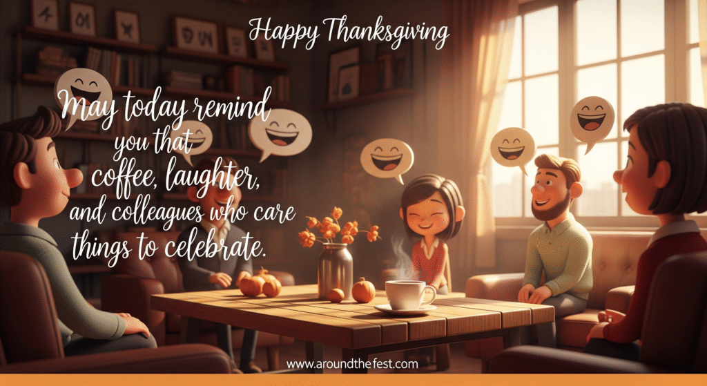 “Cozy office lounge with latte on a wooden table, happy coworkers in background, overlay text: ‘May today remind you that coffee, laughter, and colleagues who care are things to celebrate.’”