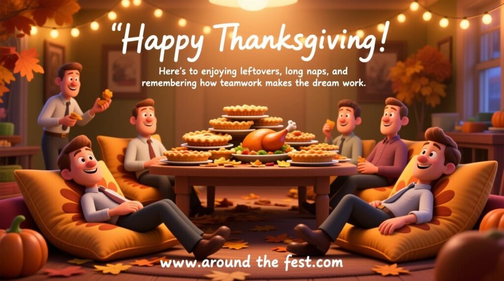 Happy Thanksgiving Wishes and Images“Cartoon-style coworkers lounging on Thanksgiving pillows with leftover pies on a table, overlay text: ‘Here’s to enjoying leftovers, long naps, and remembering how teamwork makes the dream work.’”