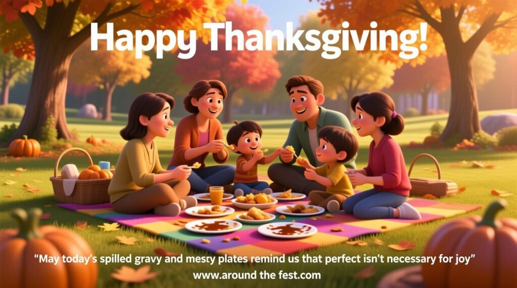 Outdoor Thanksgiving picnic with messy plates, family laughing under autumn trees, overlay text emphasizing that imperfection brings joy during family gatherings."