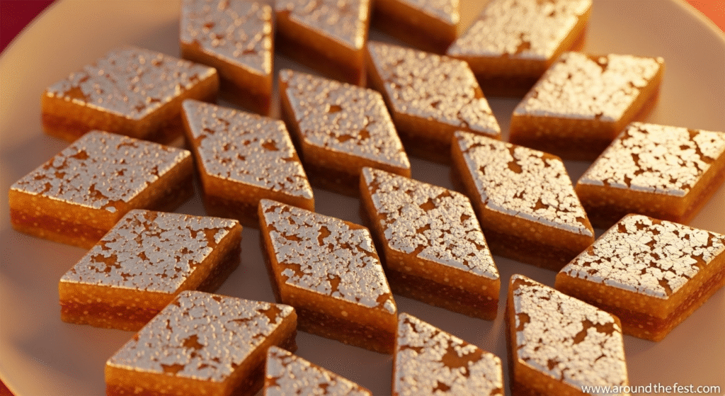 Diamond-shaped Badam Katli, traditional Indian almond fudge, decorated with edible silver leaf, arranged on a festive plate, styled for Diwali dessert photography.”