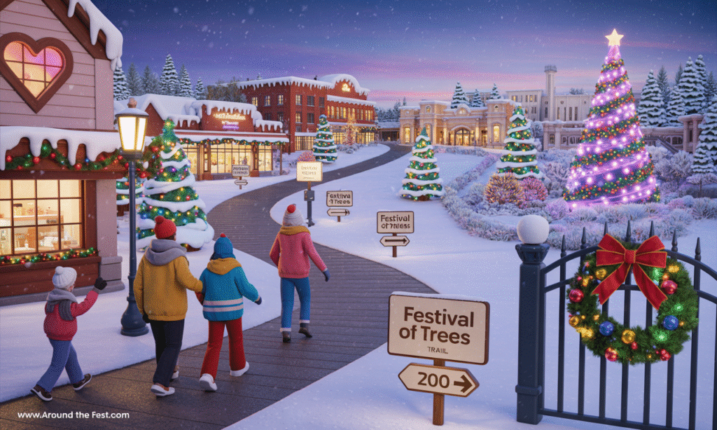 "Festive winter scene with community locations like a hospital, shopping mall, garden, and zoo hosting holiday tree events—showcasing where to find hidden Festival of Trees celebrations near you."