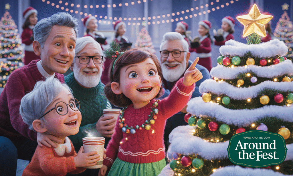 Families of all ages gather joyfully around decorated Christmas trees at the Festival of Trees; children eagerly pick their favorite, everyone enjoys cocoa, laughter, and carols, creating a heartwarming holiday tradition.