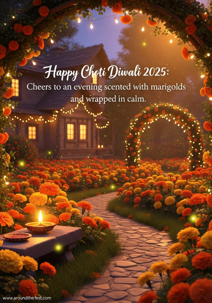 evening with glowing diyas, vibrant marigold garlands, and a peaceful festive courtyard wrapped in golden calm."