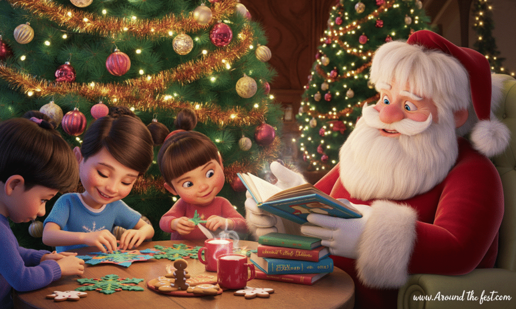 A warmly lit indoor Festival of Trees event with decorated Christmas trees, kids' craft stations, Santa’s reading nook, a cocoa and cookie bar, and a snow globe photo booth — capturing a festive, family-friendly holiday celebration perfect for all ages.