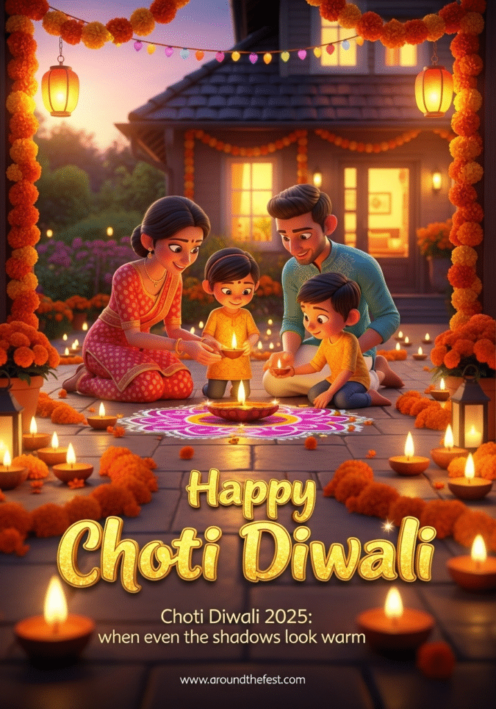 Golden-lit Choti Diwali 2025 evening with diyas casting warm shadows in a cozy festive setting.