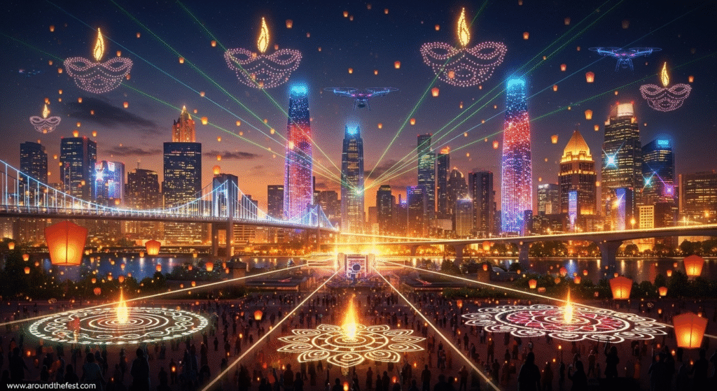 "Ultra-realistic illustration of urban Diwali celebrations with city skylines illuminated by LED installations, laser shows, drone light formations, and thematic decorations inspired by traditional Diwali motifs."