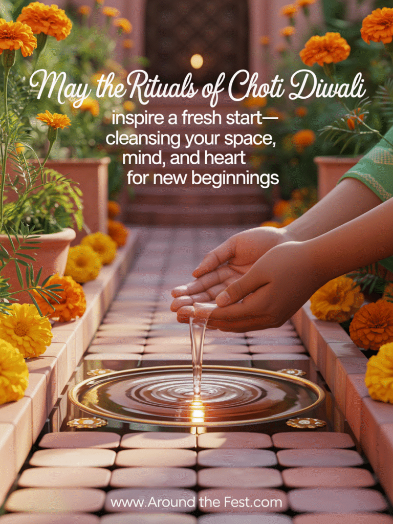 Hands pouring water over a decorated courtyard floor symbolizing cleansing, purification, and fresh beginnings."