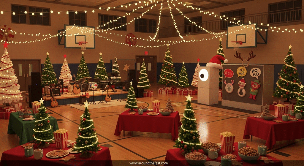 Warmly lit indoor holiday display featuring small decorated Christmas trees arranged in a community hall. Twinkling string lights, refreshment tables with hot cocoa and cookies, festive photo booth, and signs for tree awards like “Most Creative Tree” create a cozy, welcoming atmosphere. A local choir performs on stage, adding to the magical feel of the event.