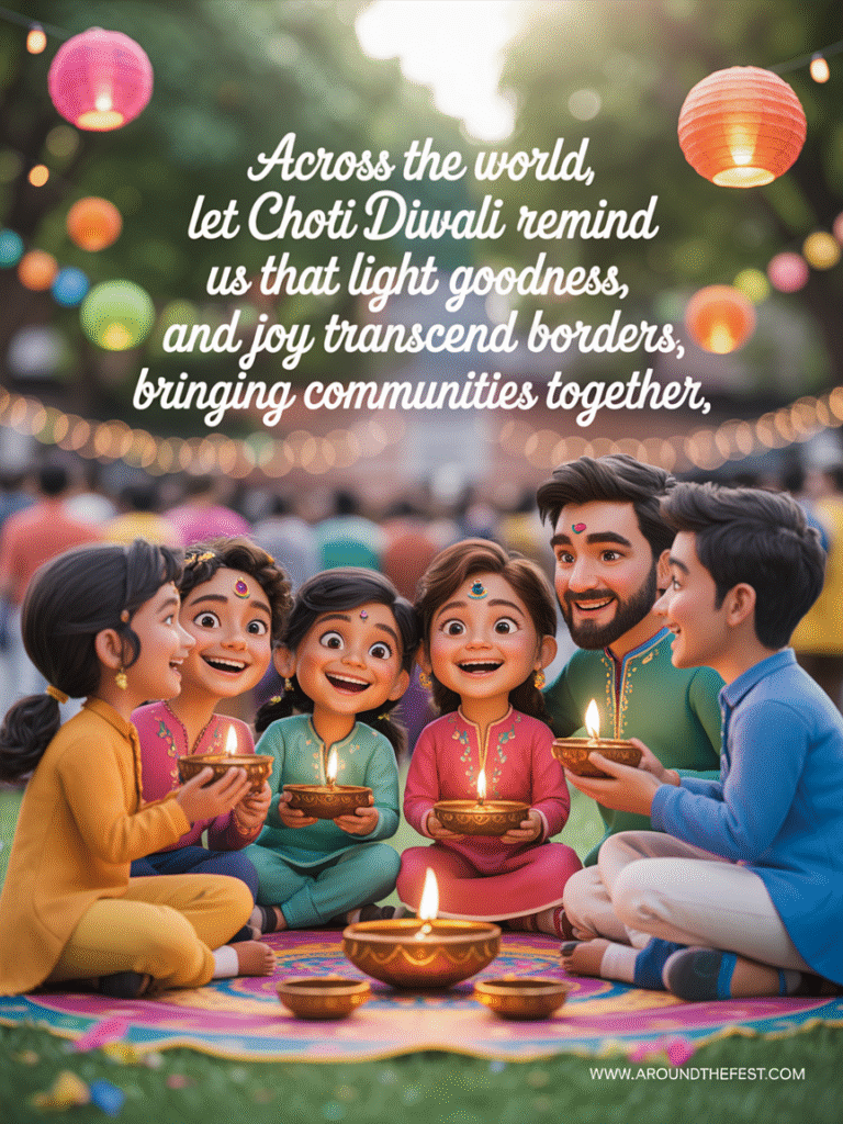 People from diverse backgrounds celebrating outdoors with flower petals and lanterns, symbolizing unity, cultural exchange, and shared joy."