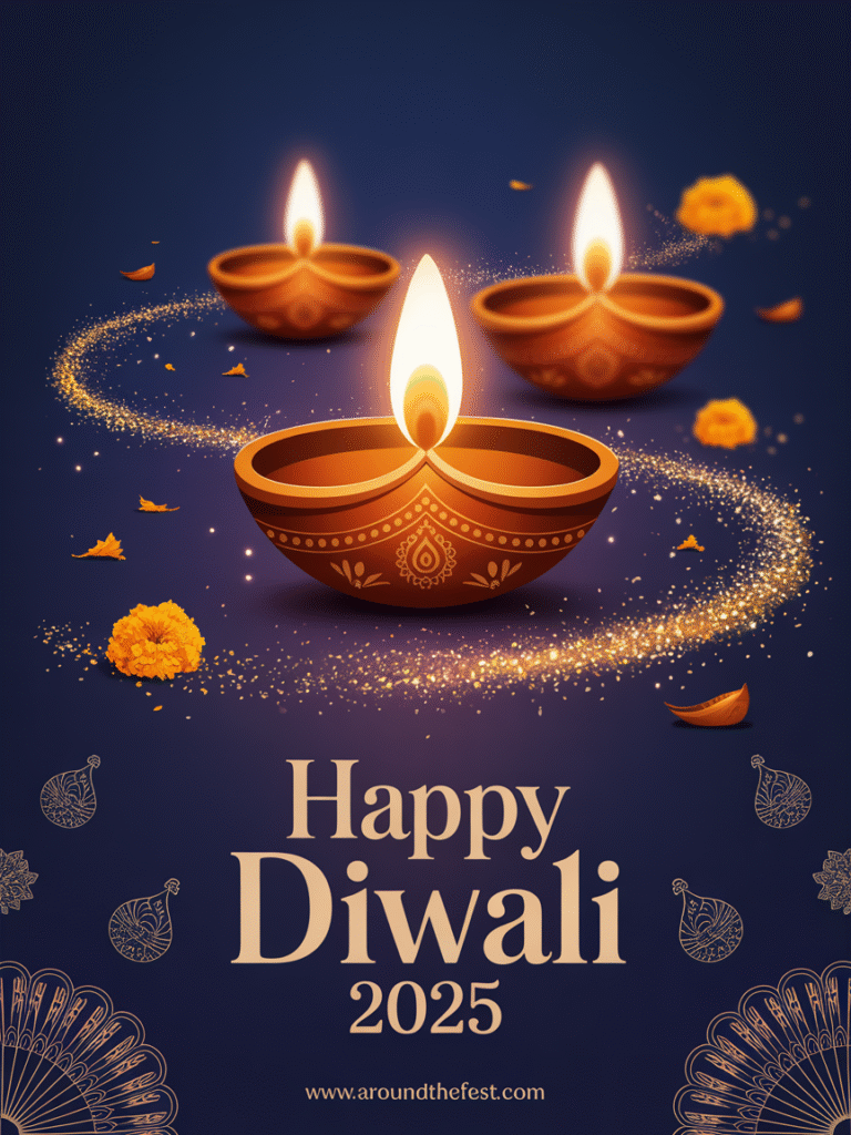 greeting card ideas, DIY digital designs with diyas, marigold flowers, and festive sparkles for social media and sharing.”