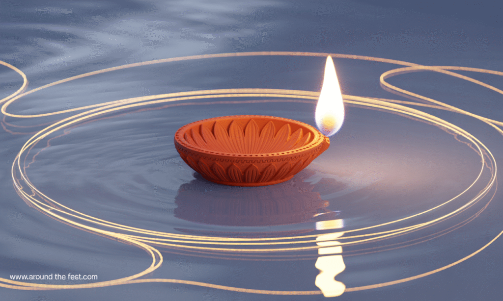 “Clay diya floating on a calm surface with a steady golden flame, symbolizing meditation, mindfulness, inner peace, and spiritual focus during Diwali.”
