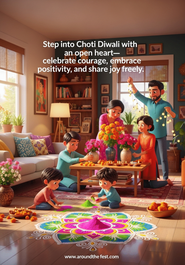 "Family decorating a modern home arranging flowers and rangoli, symbolizing anticipation, joy, and shared celebration."