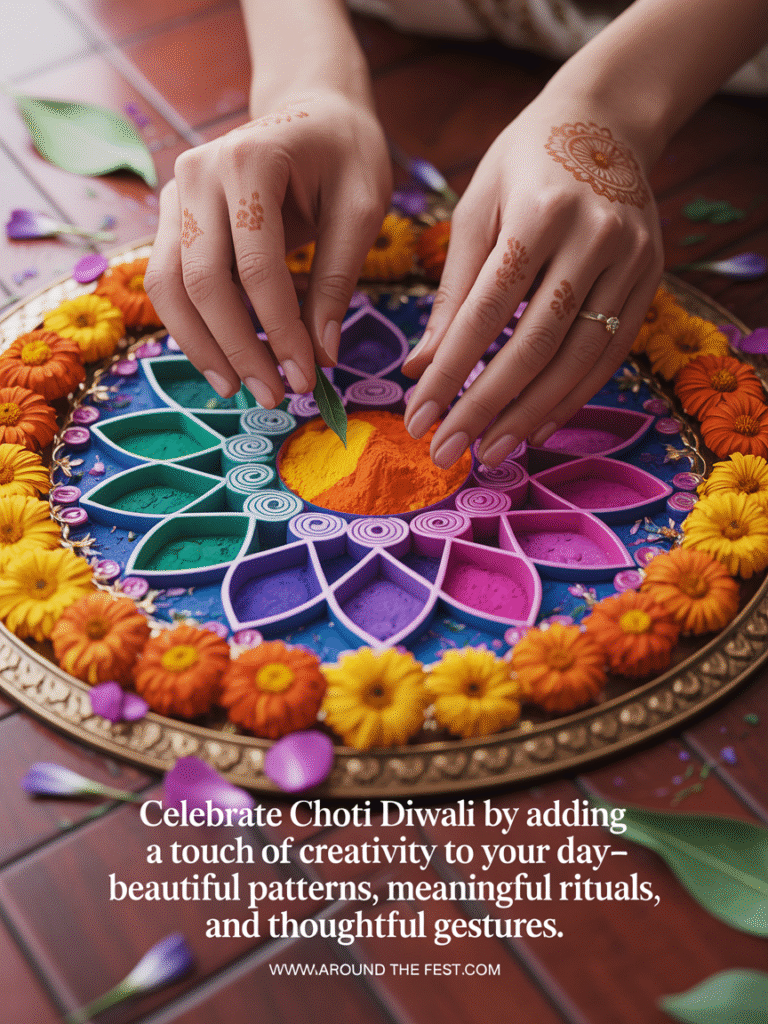 Hands creating intricate patterns with colored powders and petals for , symbolizing creativity, meaningful rituals, and artistic expression."