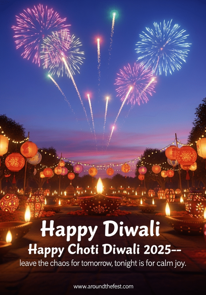glowing diyas and lanterns in a warm, serene setting, symbolizing calm joy before the main Diwali celebration.