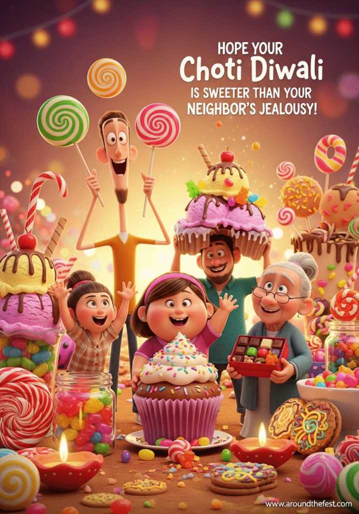 Friends surrounded by sweets, laughing with playful expressions, overlay text: “Sweeter than your neighbor’s jealousy!”