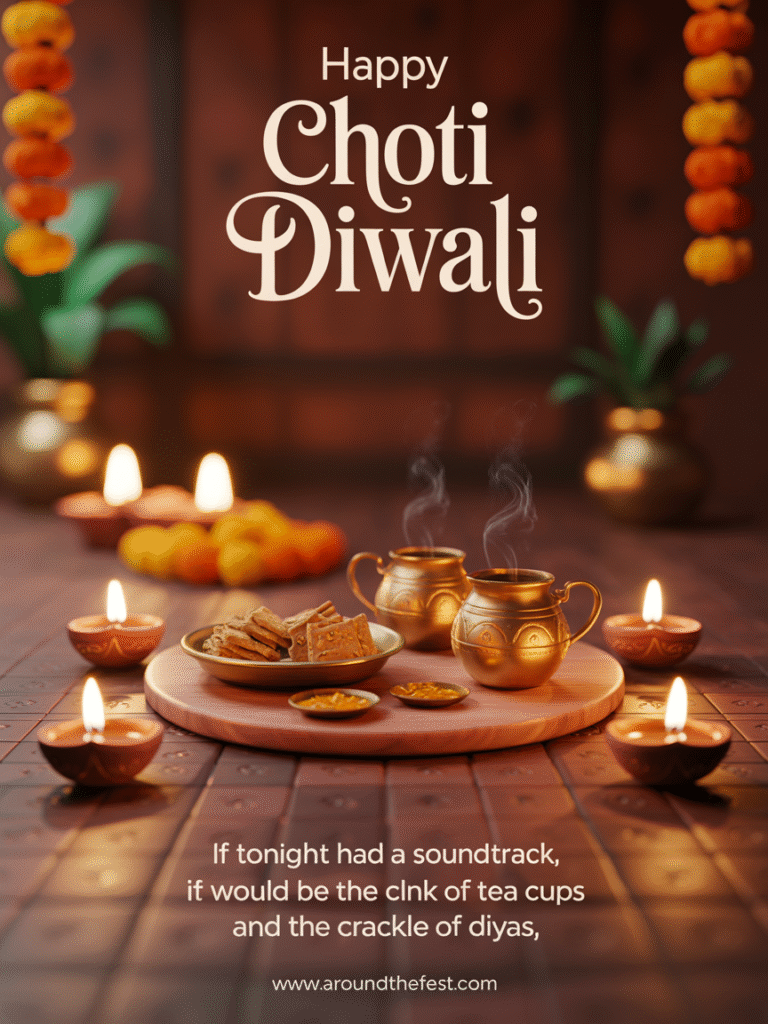 evening setup with brass tea cups, glowing diyas, and marigold garlands, featuring the quote “If tonight had a soundtrack, it would be the clink of tea cups and the crackle of diyas.”