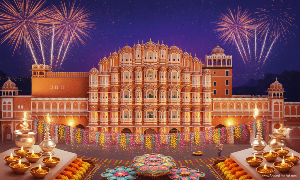 celebration with Hawa Mahal lit up, rangoli designs, fireworks at Nahargarh Fort, and bazaars full of lanterns.”