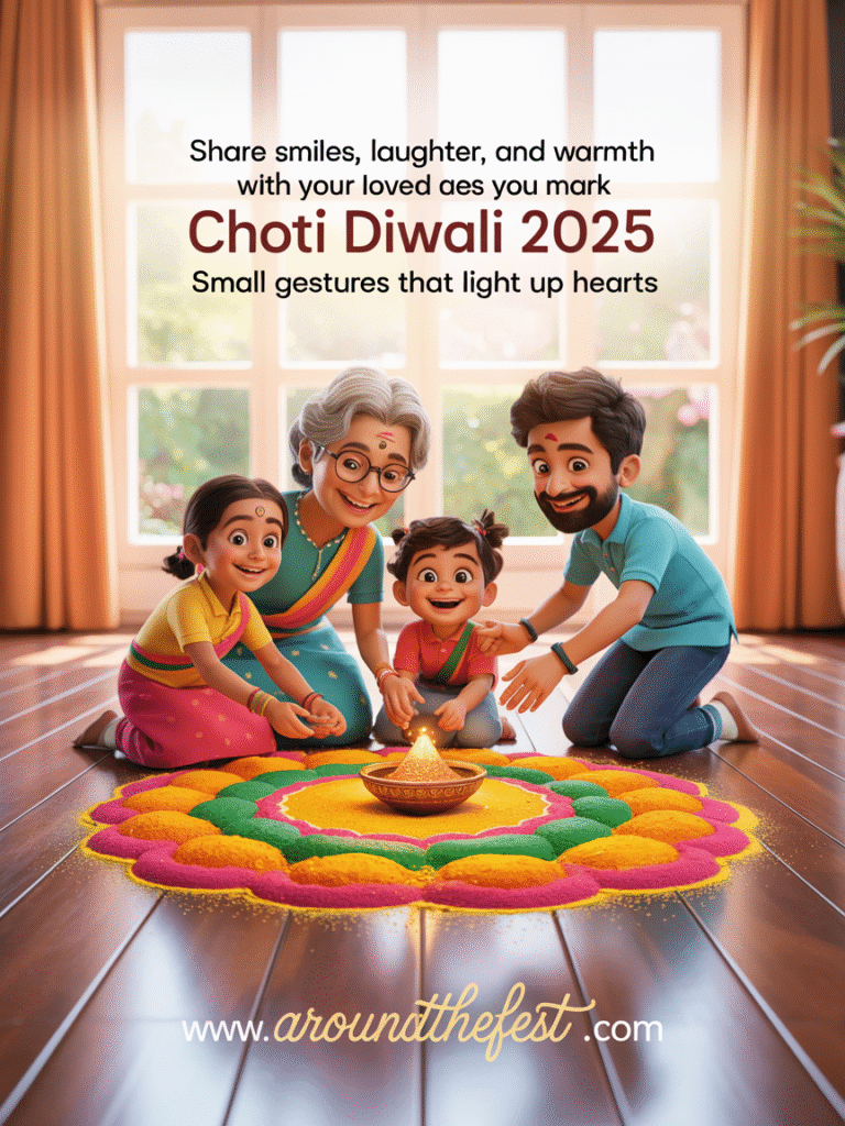 Family creating a small colorful rangoli and arranging flowers together for Choti Diwali 2025, symbolizing joy, togetherness, and shared celebration
