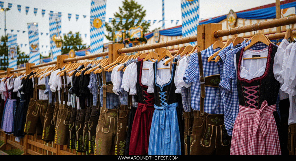 Traditional Bavarian lederhosen and dirndls displayed at Oktoberfest, highlighting cultural attire and festival heritage.