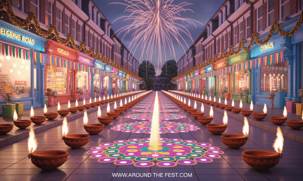 "Leicester Diwali 2025 on the Golden Mile with glowing diyas, colorful festival lights, decorated shops and market stalls, rangoli patterns on pavements, subtle fireworks, festive lively atmosphere, no humans present."