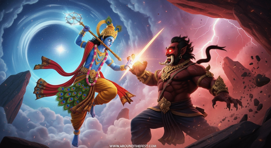Ultra-realistic illustration of Lord Rama returning to Ayodhya, with streets lit by hundreds of diyas, traditional decorations, and fireworks, symbolizing light overcoming darkness."