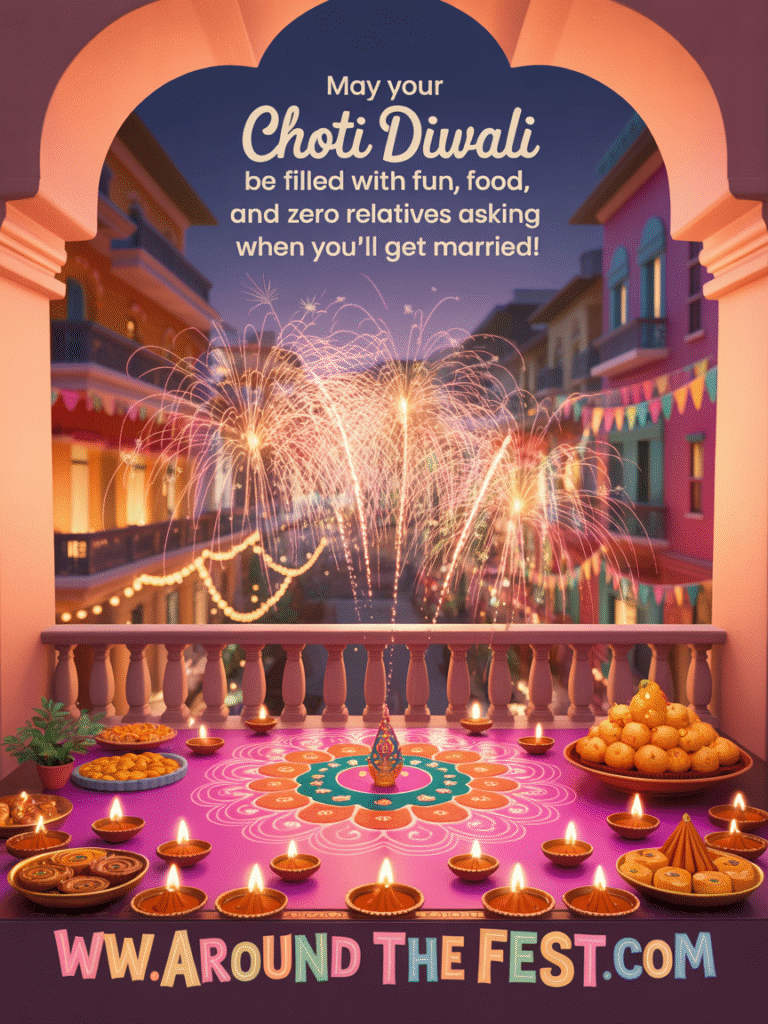 Friends laughing and enjoying festive snacks indoors with warm lights, overlay text: “May your Choti Diwali be filled with fun, food, and zero relatives asking when you’ll get married!”