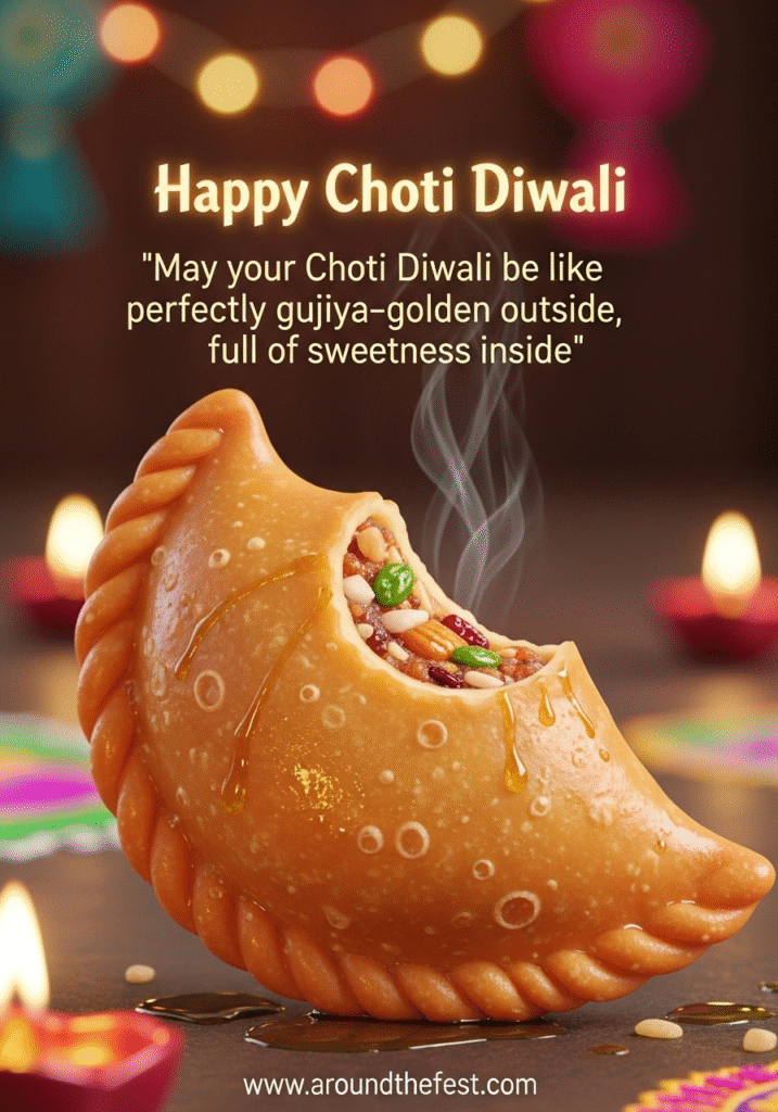 Golden-brown gujiyas on a brass plate with sweet filling, glowing diyas in the background, featuring the quote “May your Choti Diwali be like perfectly fried gujiya—golden outside, full of sweetness inside.”