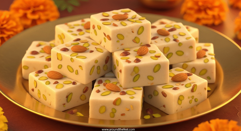 "Soft and creamy milk barfi squares garnished with pistachios and almonds, a classic Indian sweet made from slow-reduced milk, perfect for Diwali, Raksha Bandhan, and festive gifting."
