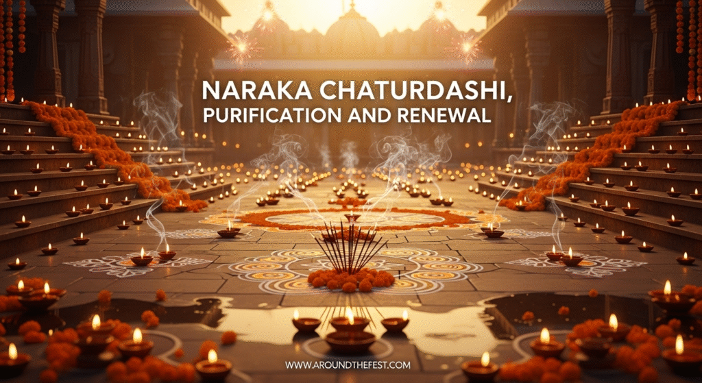 Celebrate Naraka Chaturdashi, the day of purification and renewal during Diwali! Early morning diyas, rangoli, and oil lamps symbolize cleansing, spiritual rejuvenation, and positive beginnings.