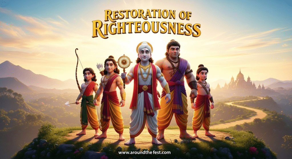 "Ultra-realistic illustration of the Pandavas returning to Hastinapura with streets lit by diyas, rangoli, marigold garlands, and fireworks, symbolizing restoration of righteousness and victory of virtue."