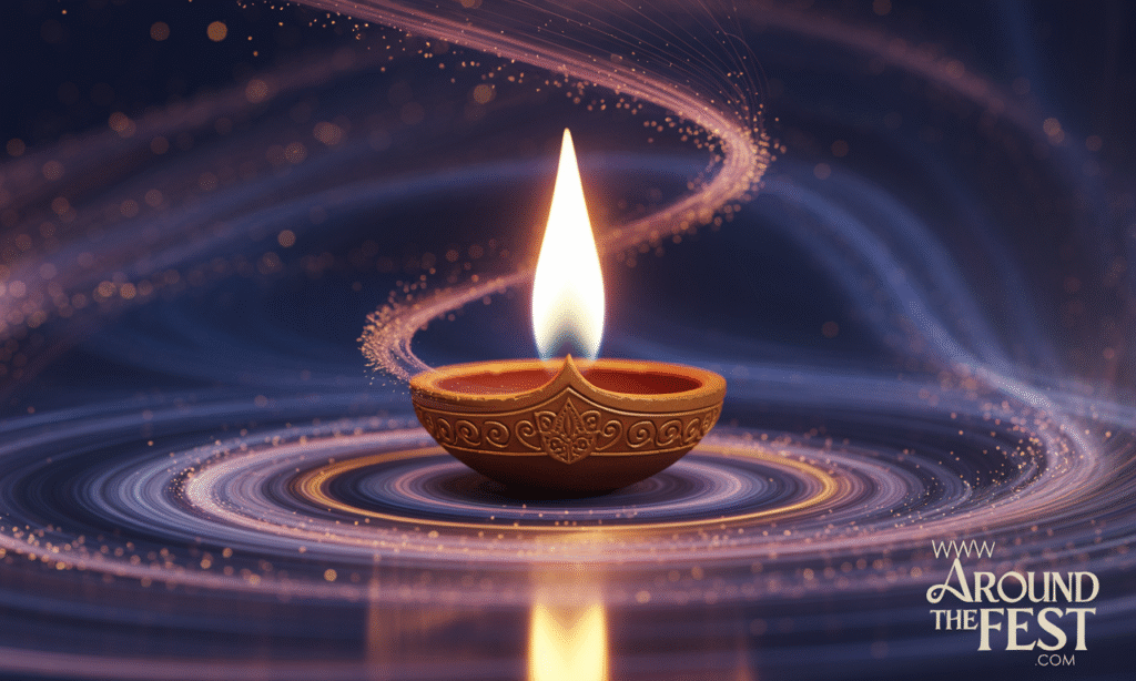"Symbolic diya flame representing knowledge, soul, purification, and cosmic unity in Indian philosophy."