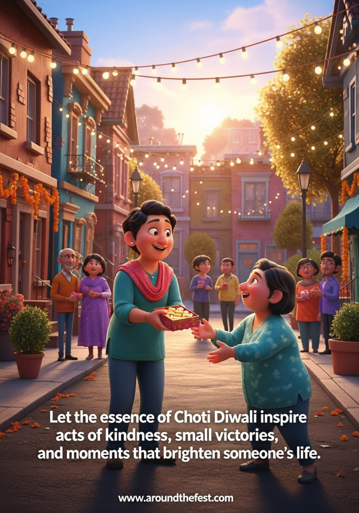 "Person gifting sweets or flowers to a neighbor during Choti Diwali 2025, symbolizing kindness, small victories, and spreading joy."