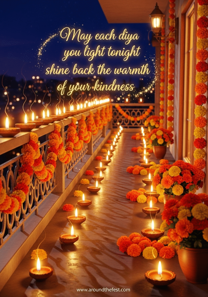 diyas glowing warmly, symbolizing kindness and festive light."