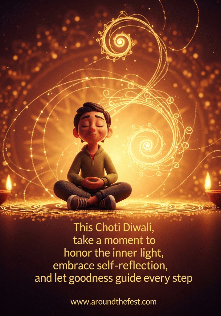 Person meditating amidst subtle golden threads of light in an abstract background for Choti Diwali 2025, symbolizing inner reflection, spirituality, and guidance."