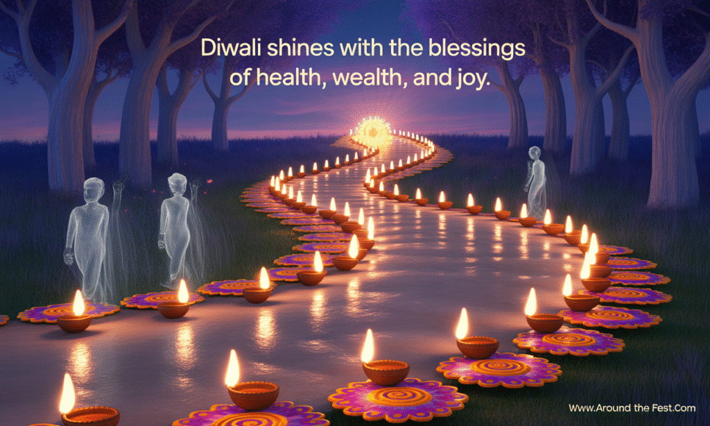 Diwali 2025 symbolic path of glowing diyas leading from darkness to light, representing the journey from ignorance to wisdom and spiritual awakening."