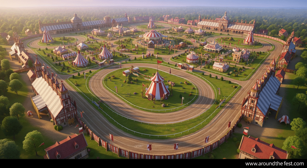 Oktoberfest History and Origin "Panoramic illustration of Theresienwiese in 1810 showing horse race tracks, parade lanes, tents, and stalls, highlighting the birthplace of Oktoberfest and its organized festival layout."