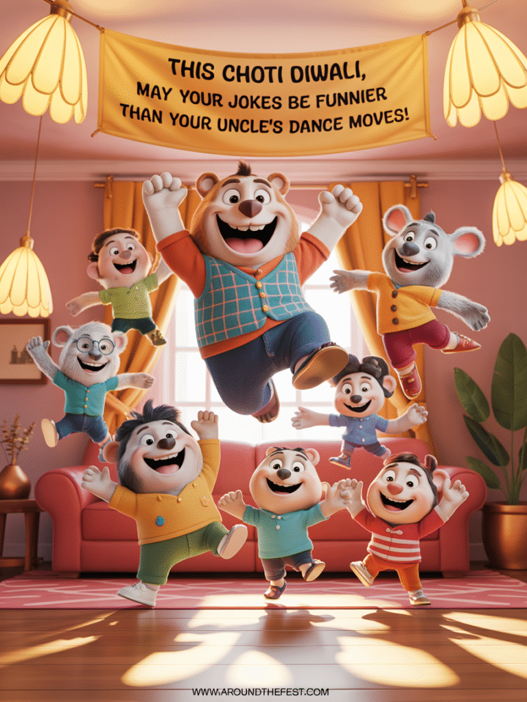 Humorous scene with friends laughing while someone dances, overlay text: “Funnier than uncle’s dance moves!