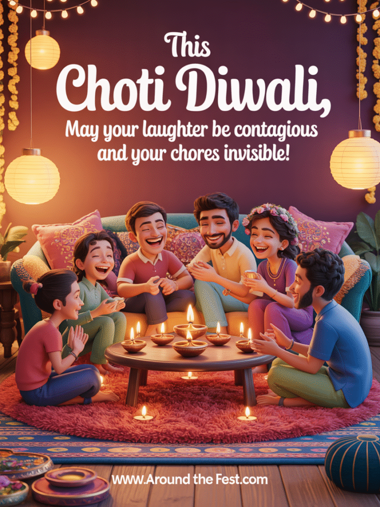Friends laughing while relaxing indoors with glowing decorations, overlay text: “Laughter contagious, chores invisible!”