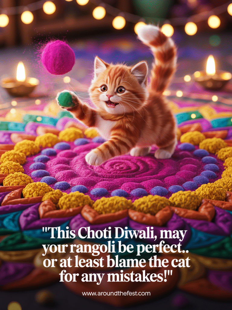 Cat playfully disturbing a Choti Diwali rangoli.