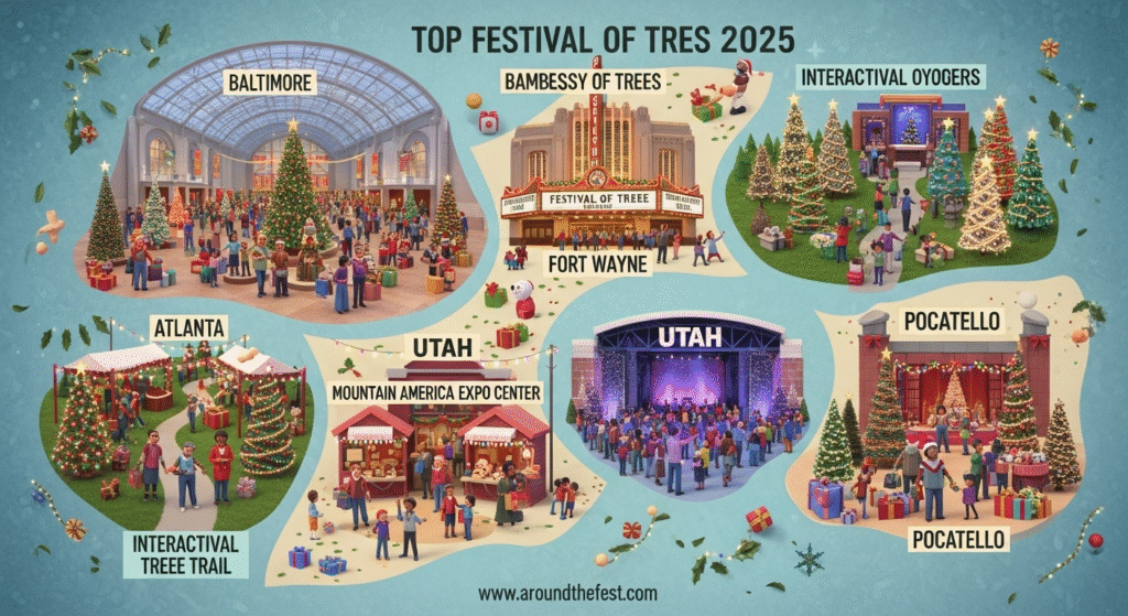 "U.S. holiday map featuring top Festival of Trees 2025 locations in Baltimore, Fort Wayne, Atlanta, Utah, and Idaho, with festive icons representing each city’s unique attractions."