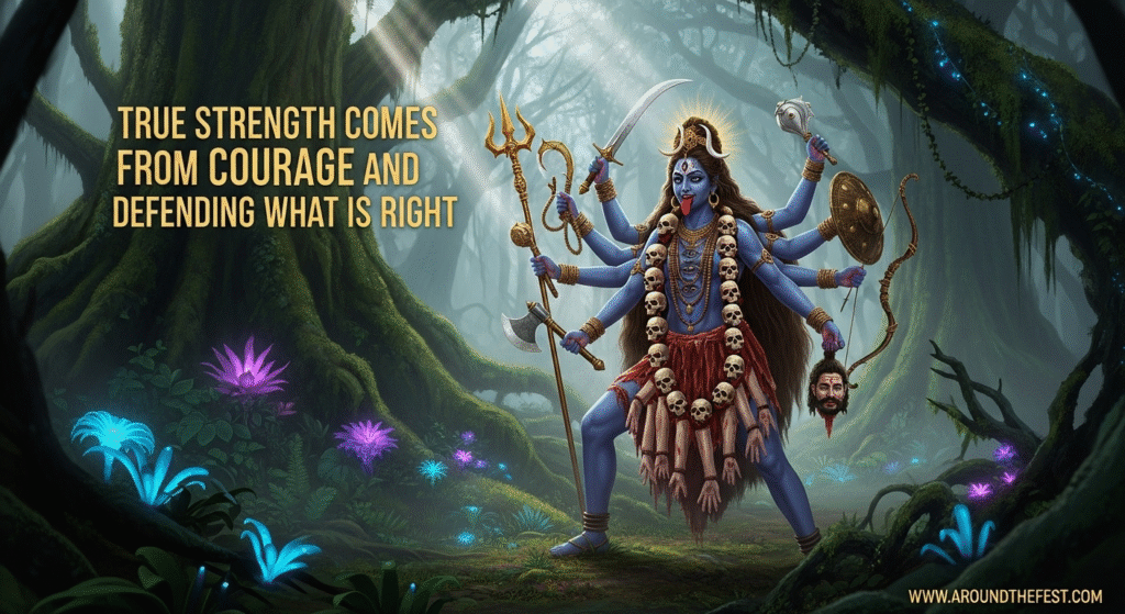 Ultra-realistic illustration of Goddess Kali during Diwali with glowing diyas, marigold garlands, lotus flowers, and vibrant aura lighting, symbolizing strength and protection."