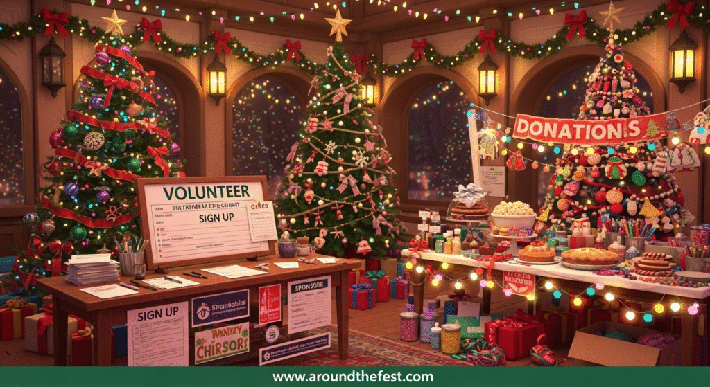 Community members decorating a Christmas tree together with ornaments, lights, and ribbons in a festive indoor setting. A volunteer sign-up booth nearby features flyers and sponsor forms. A donation table holds festive supplies like baked goods and craft materials. Smiling participants include families, coworkers, and school groups collaborating on unique themed trees.