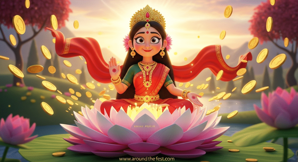 Ultra-realistic illustration of Diwali celebrating Goddess Lakshmi, with diyas, rangoli, marigold decorations, lotus flowers, and symbols of prosperity, conveying positivity and abundance."