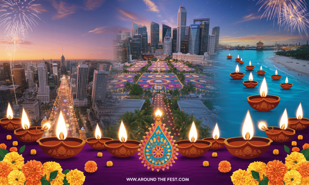 Ultra-realistic illustration of Diwali celebrations in USA, UK, Singapore, Mauritius, and Trinidad & Tobago with glowing diyas, rangoli, lanterns, and fireworks, highlighting global unity and joy."
