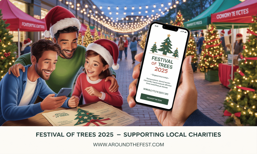 “A joyful family sits together—consulting their smartphone and a local map—excitedly planning their visit to a nearby Festival of Trees 2025. The background transitions into scenes of festively decorated community halls and outdoor markets bustling with people. Rows of beautifully adorned Christmas trees glimmer with lights and ornaments, volunteers in festive attire greet visitors by colorful banners and ticket booths, and families happily explore both indoor and outdoor displays, illustrating the ease and excitement of discovering local holiday fundraising celebrations.”