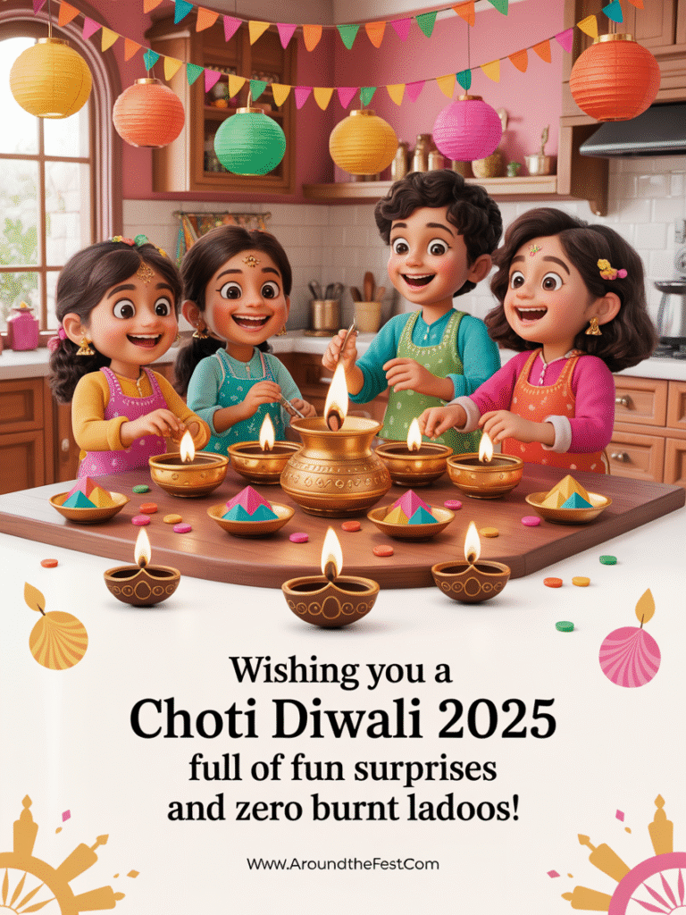 Colorful kitchen scene with friends making sweets, overlay text: “Fun surprises, zero burnt ladoos!”