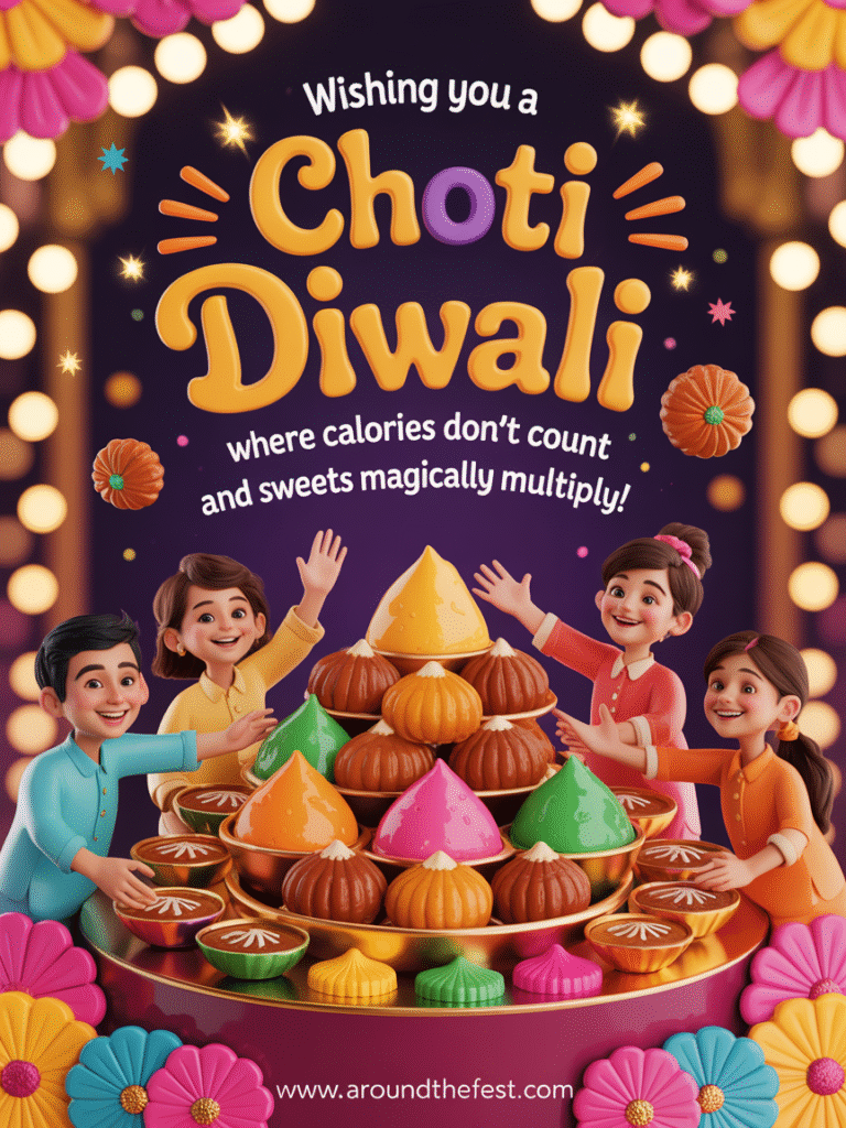 stive Choti Diwali sweets illustration with overflowing bowls and happy friends – “Wishing you a Choti Diwali where calories don’t count and sweets magically multiply!”