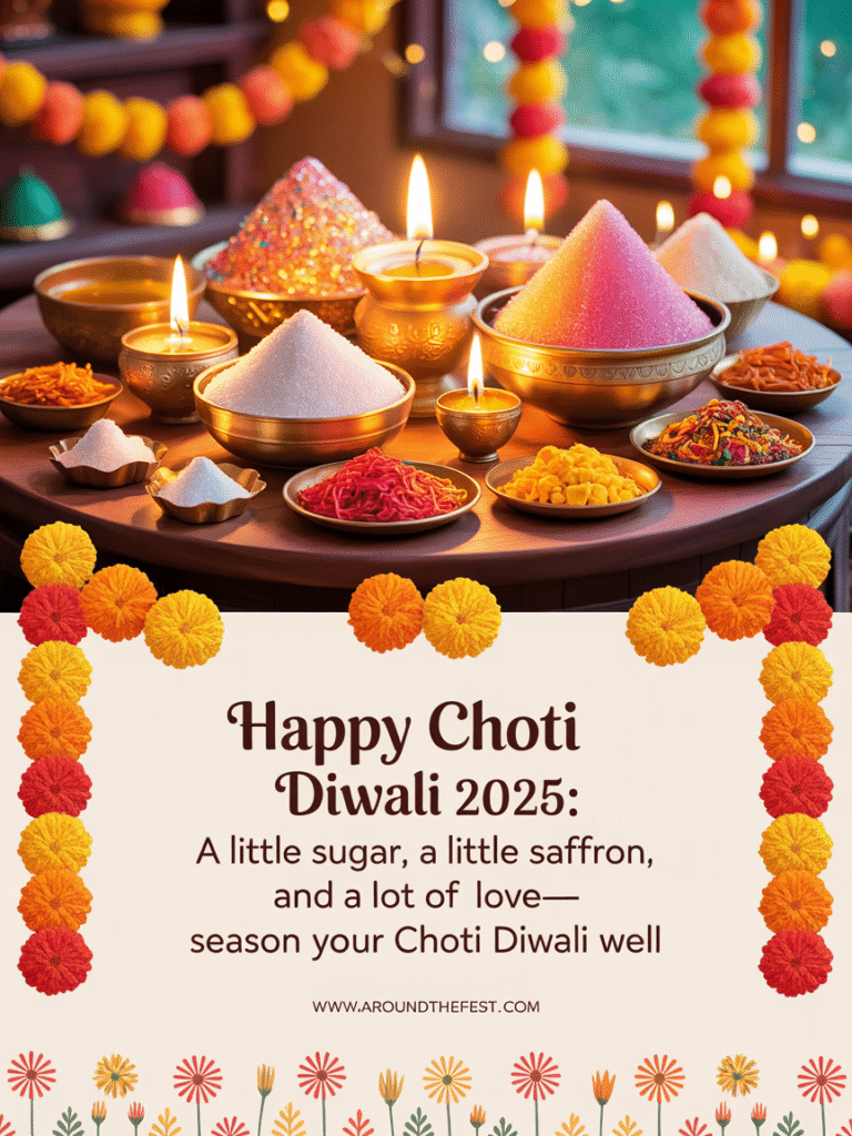 Choti Diwali 2025 festive table with sugar, saffron, and homemade Indian sweets surrounded by marigolds and candlelight."