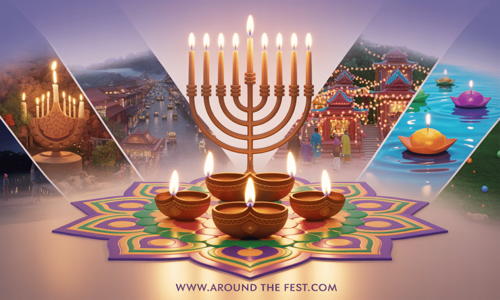 Illustration showing Diwali, Hanukkah, Chinese Lantern Festival, Loi Krathong, and Kwanzaa, highlighting their shared symbolism of light, hope, and spiritual renewal.”